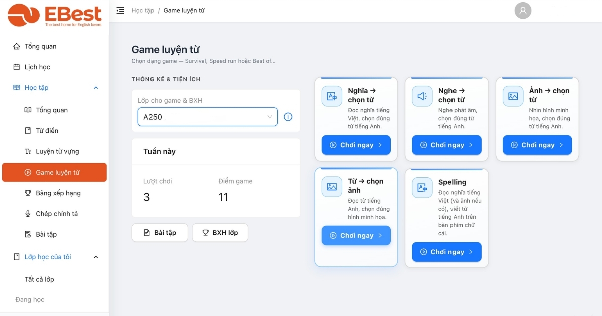 CÁC GAME LUYỆN TỪ - STUDENT PORTAL EBEST 